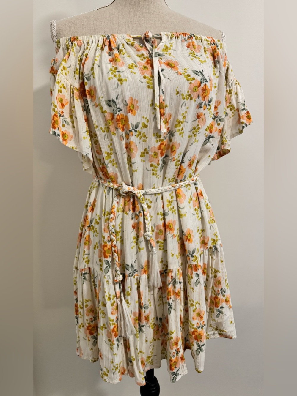 Cupcakes and Cashmere Dress Cream Peach Floral Boho Drop Waist Size Small